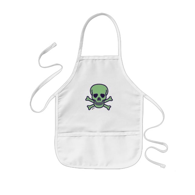 Green Skull kids white chef apron (Front)