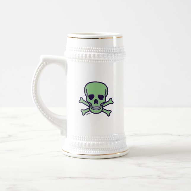 Green Skull white stein w gold trim (Left)