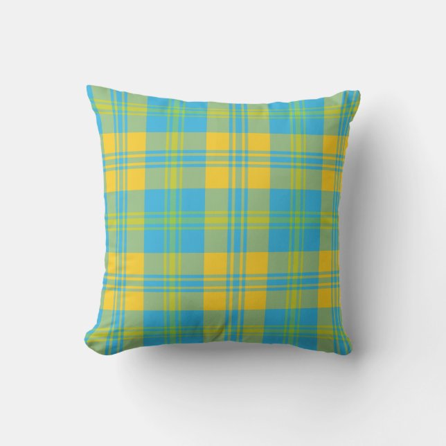 Green, Sky Blue, Yellow Plaid Pattern Throw Pillow (Front)