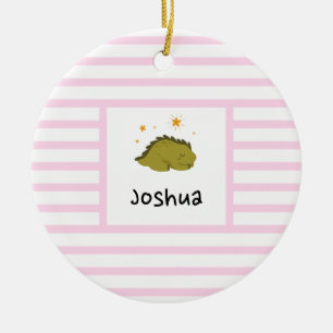 Green Sleepy Baby Dino   Baby Pink Stripe Modern Ceramic Ornament