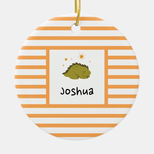 Green Sleepy Baby Dino | Orange Stripe Modern Ceramic Ornament (Front)
