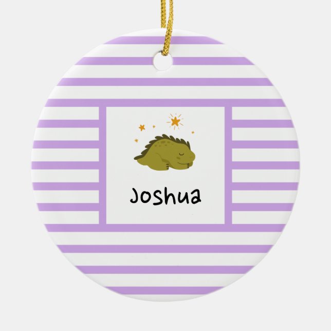Green Sleepy Baby Dino | Purple Stripe Modern Ceramic Ornament (Front)