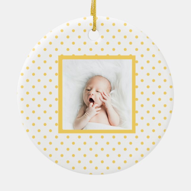 Green Sleepy Baby Dino | Yellow Polka Dot Modern Ceramic Ornament (Back)
