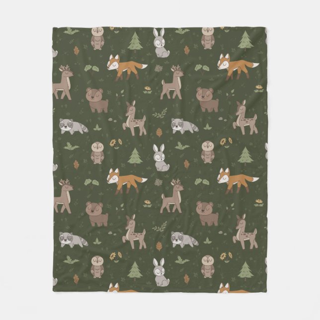 Green Sleepy Little Woodland Critters Fleece Blanket (Front)