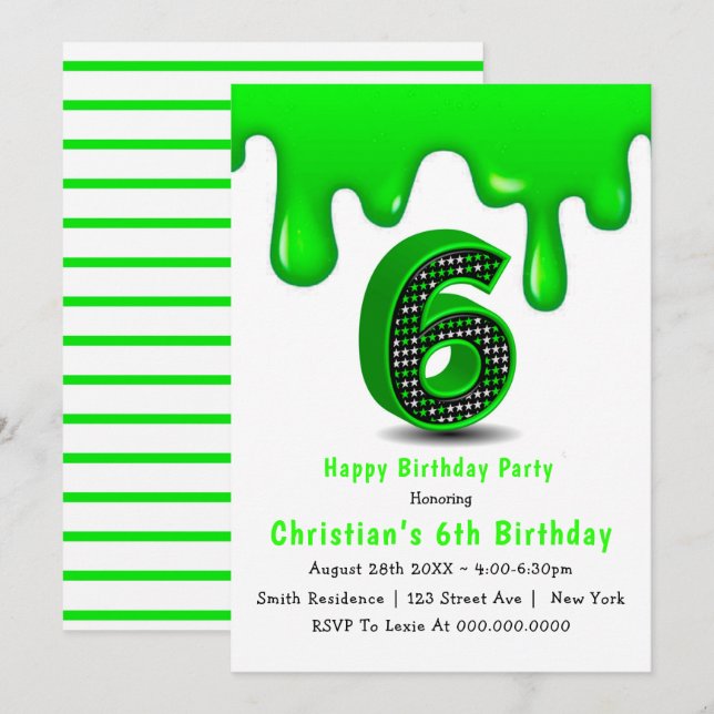 Green Slime 6th Birthday Invitations (Front/Back)
