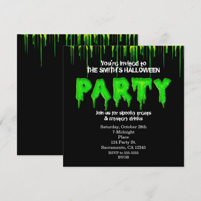 Green Slime Fun Halloween Invitations de fête (Devant / Derrière)
