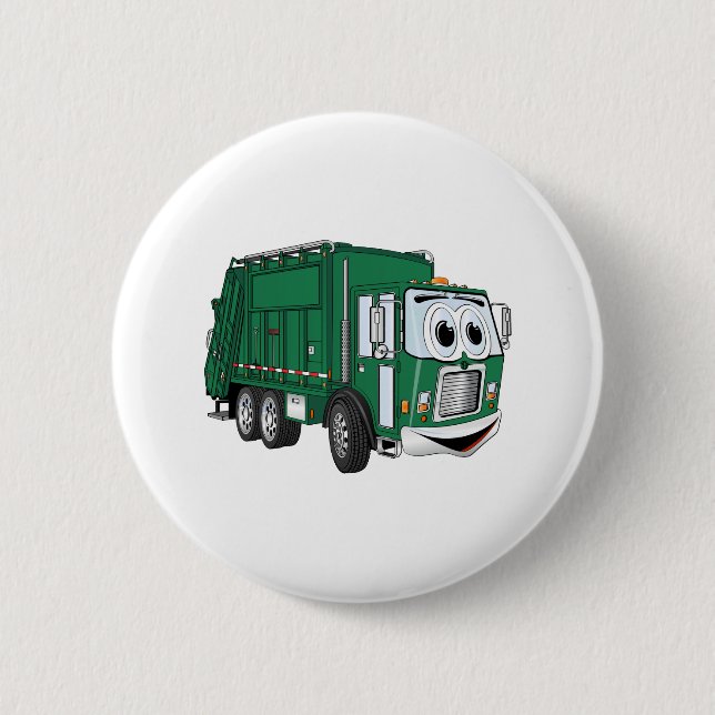 Green Smiling Garbage Truck Cartoon 2 Inch Round Button (Front)