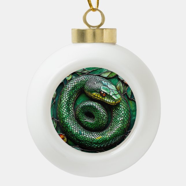 Green Snake Ceramic Ball Christmas Ornament (Front)