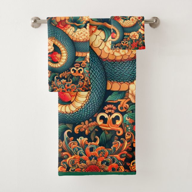 Green snake flowers bath towel set (Insitu)