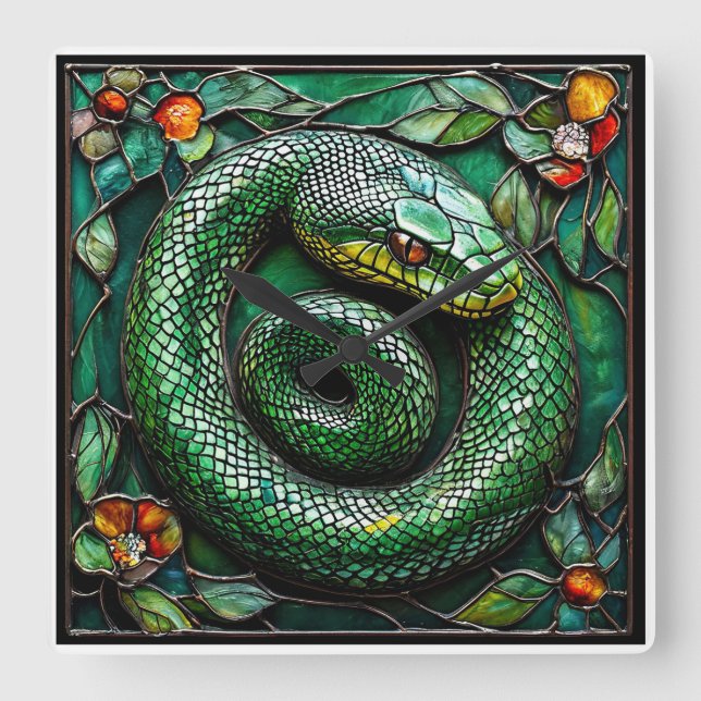 🐍 Green Snake Modern Nature Home Decor 🐍 Square Wall Clock (Front)