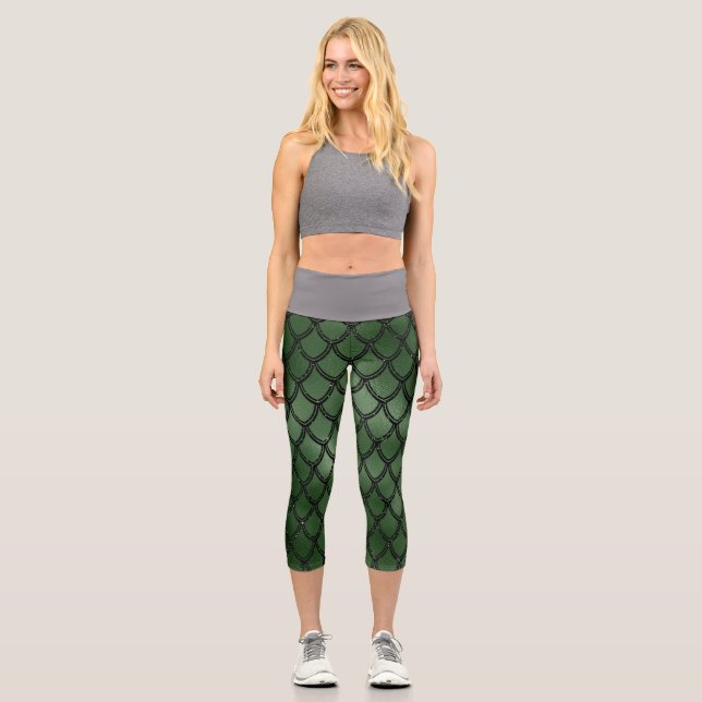 Green Snake Serpent Reptile Pattern Capri Leggings (Front)