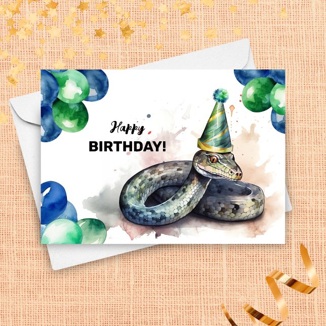 Green Snake with Balloons and Party Hat Birthday Card (Creator Uploaded)