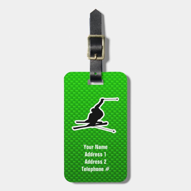 Green Snow Skiing Luggage Tag (Front Vertical)