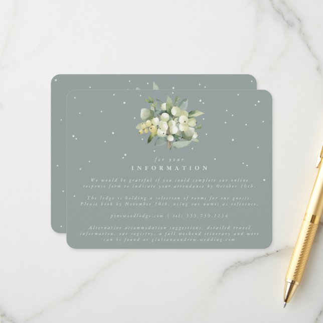 Green Snowberry+Eucalyptus Bouquet Wedding Info Enclosure Card (Front/Back In Situ)