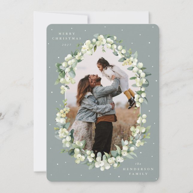 Green Snowberry+Eucalyptus Christmas Photo Holiday Card (Front)