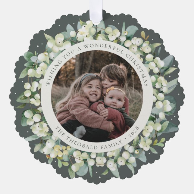 Green Snowberry+Eucalyptus Christmas Wreath Photo  Ornament Card (Front)