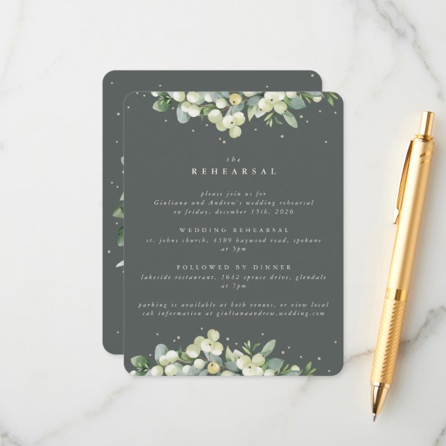 Green Snowberry+Eucalyptus Edged Wedding Rehearsal Enclosure Card (Front/Back In Situ)