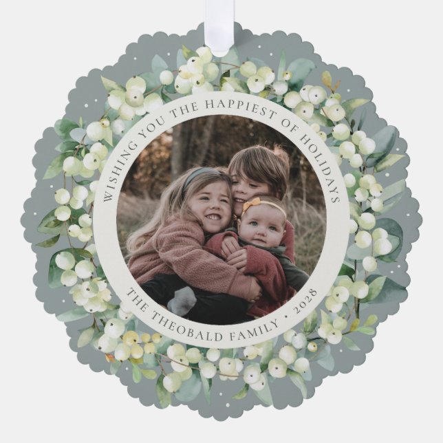Green Snowberry+Eucalyptus Holiday Wreath Photo  Ornament Card (Front)