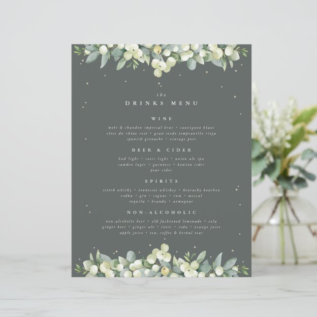 Green Snowberry+Eucalyptus Mariage Boissons Menu (Debout devant)