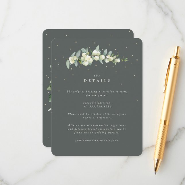 Green Snowberry+Eucalyptus Stem Wedding Details Enclosure Card (Front/Back In Situ)