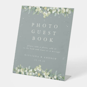 Green Snowberry+Eucalyptus Wedding Photo GuestBook Pedestal Sign
