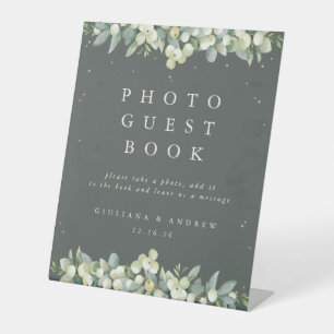 Green Snowberry+Eucalyptus Wedding Photo GuestBook Pedestal Sign