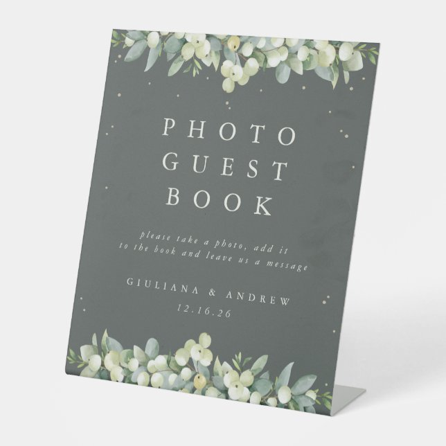 Green Snowberry+Eucalyptus Wedding Photo GuestBook Pedestal Sign (Front)