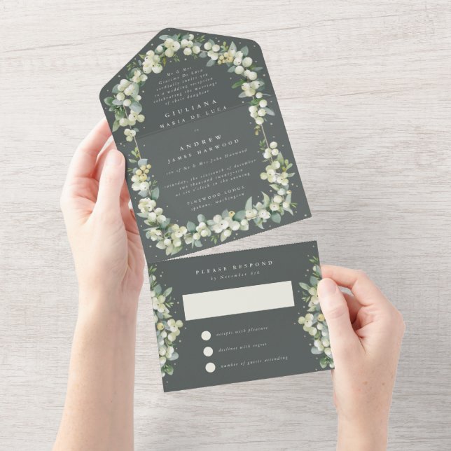 Green Snowberry+Eucalyptus Wedding Reception Only All In One Invitation (Tearaway)