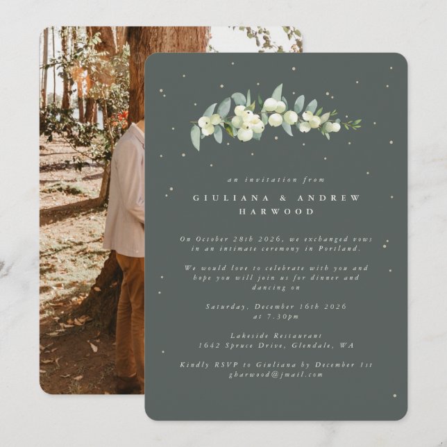 Green Snowberry+Eucalyptus Wedding Reception Photo Invitation (Front/Back)