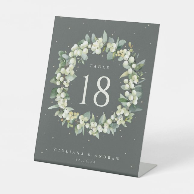 Green Snowberry+Eucalyptus Wedding Table Number Pedestal Sign (Front)