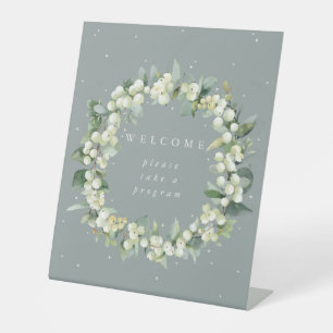 Green Snowberry+Eucalyptus Welcome Program Table Pedestal Sign
