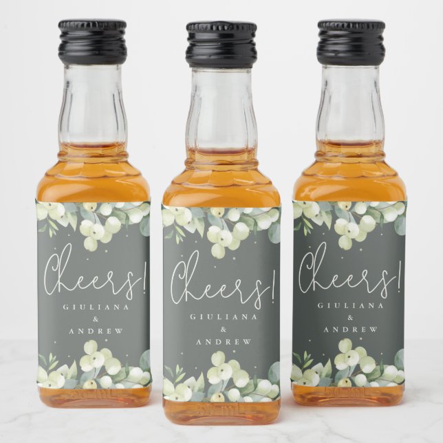 Green Snowberry+Eucalyptus Winter Wedding Mini Liquor Bottle Label (Bottles)