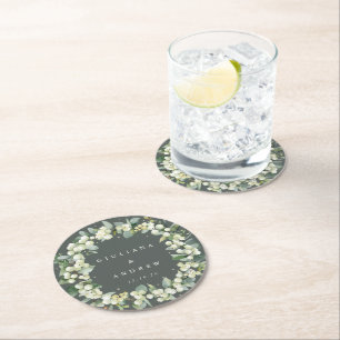 Green Snowberry & Eucalyptus Winter Wedding  Round Paper Coaster