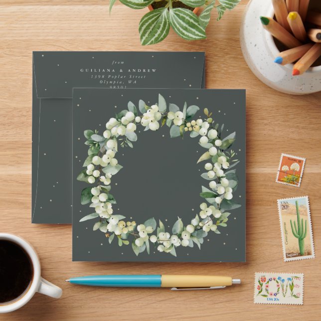 Green Snowberry+Eucalyptus Wreath Square Envelope (Desk)