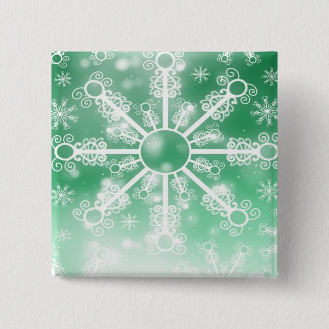Green Snowflake 2 Inch Square Button (Front)