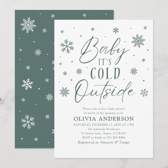 Green Snowflake Baby It's Cold Outside Baby Shower Invitation (Front/Back)