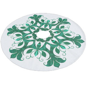 Green Snowflake Flower Pattern On White Fleece Tree Skirt