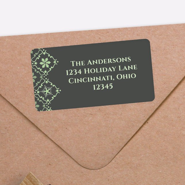 Green Snowflake Holiday Custom Return Address  Label (Christmas elegant snowflake pattern with a grey background with a light green return address label.)