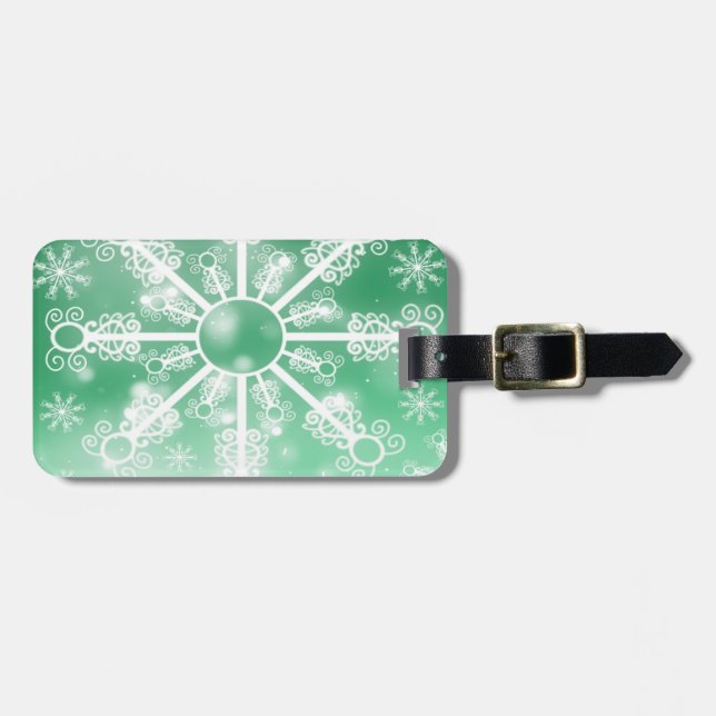 Green Snowflake Luggage Tag (Front Horizontal)