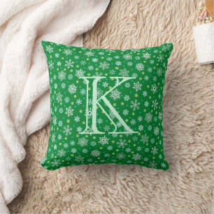 Green Snowflake Modern Elegant Typography Monogram Throw Pillow