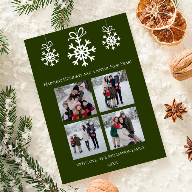 Green Snowflake Ornaments Photo Collage Holiday Card (Green Snowflake Ornaments Photo Collage Holiday Card)