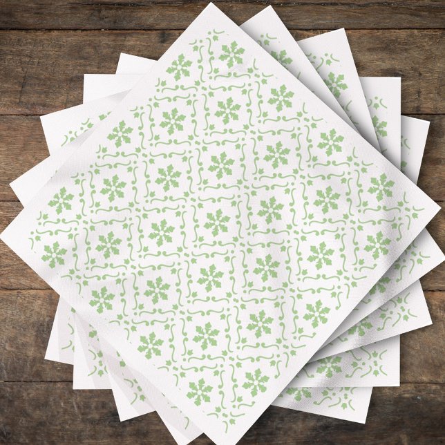 Green Snowflake Pattern Christmas Holiday Cocktail Napkin (Elegant sage green holiday napkin with repeating snowflake design.)