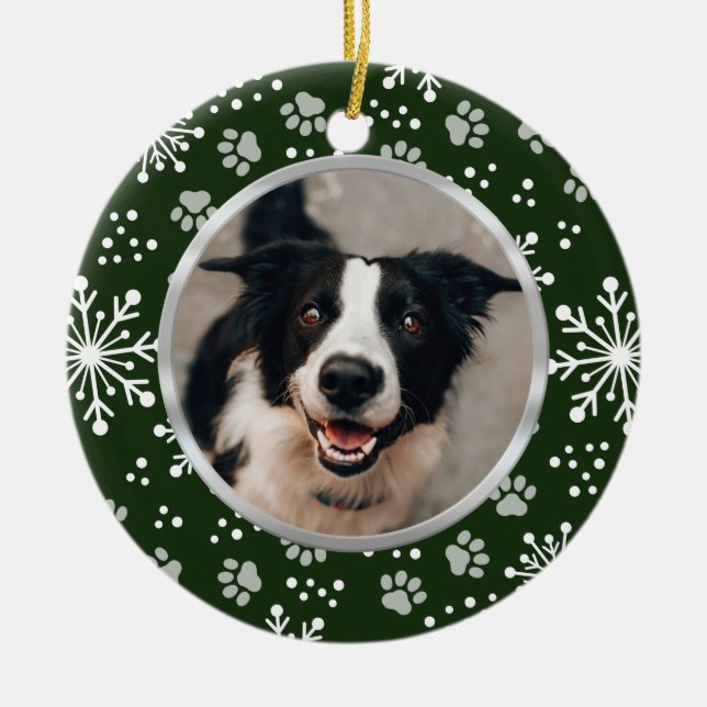 Green Snowflake Paw Pattern Pet Photo Ceramic Ornament (Front)