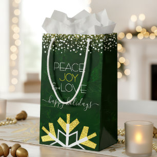 Green Snowflake Peace Joy Love Modern Typography Small Gift Bag
