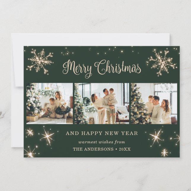 Green Snowflake Snow Photo Collage Holiday Card (Front)