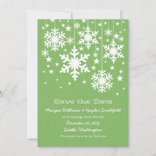 Green Snowflakes and Stars Save the Date Invitatio