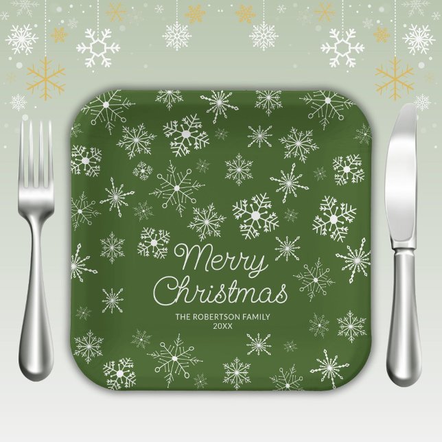 Green Snowflakes Christmas Party Paper Plate (Creator Uploaded)