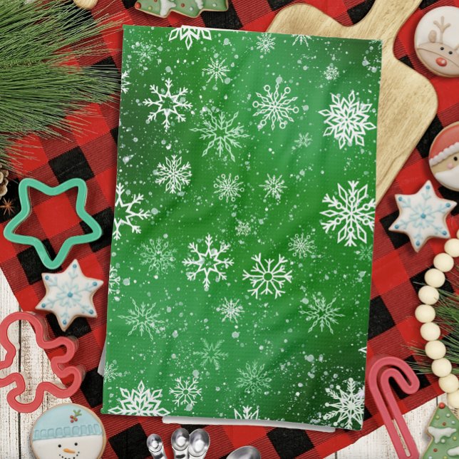 Green Snowflakes Pattern Festive Winter Holiday Kitchen Towel (Creator Uploaded)
