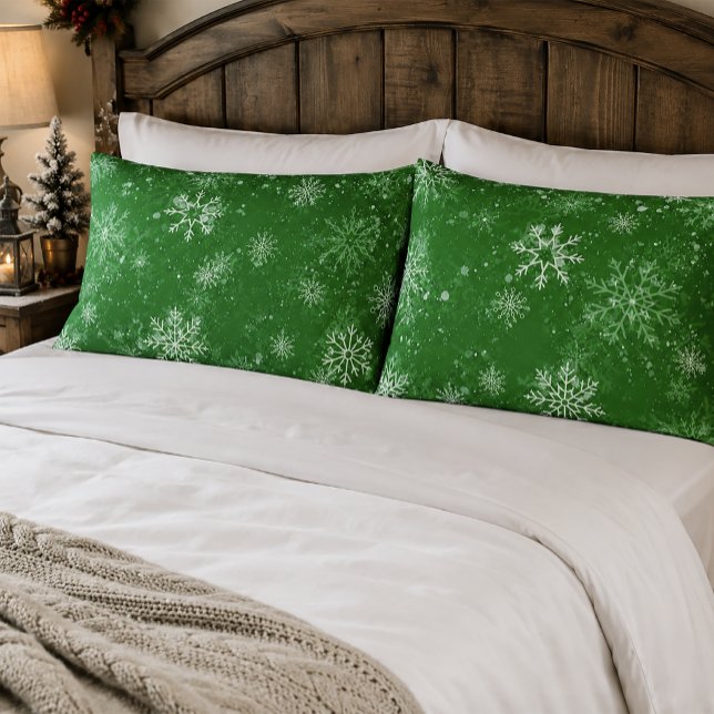 Green Snowflakes Pattern Festive Winter Holiday Pillowcase (Creator Uploaded)