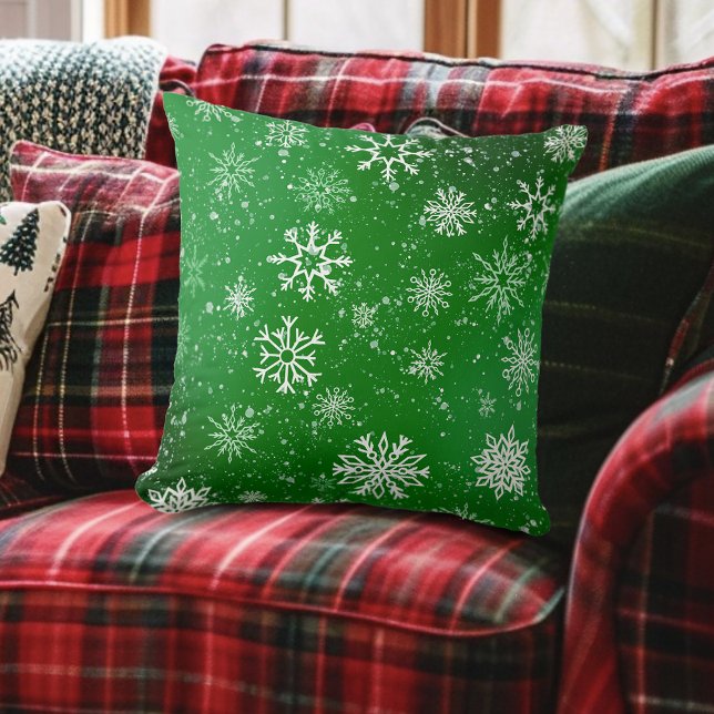Green Snowflakes Pattern Festive Winter Holiday Throw Pillow (Creator Uploaded)